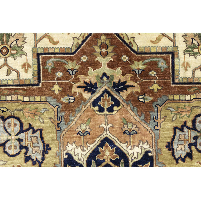 Oriental Handmade Hand-Knotted Rectangle 9'9" x 13'9" Wool Area Rug in Blue/Red/Cream