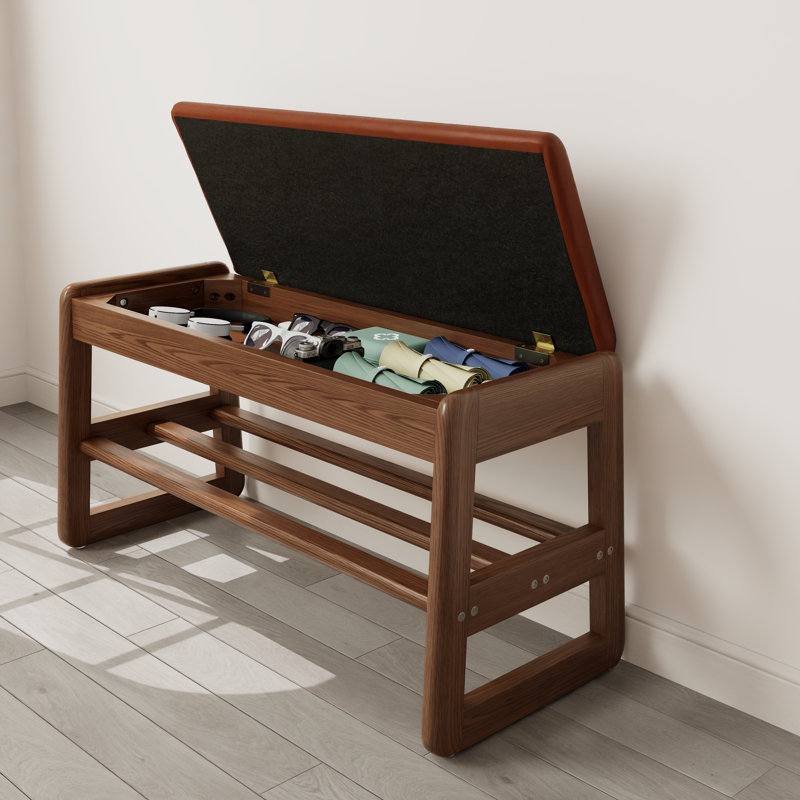 Adryell Entryway Bench with Leather Cushion, 2-Tier Entryway Bench with Flip-Top Storage Box, Small Entryway Bench for Hallway, Mudroom, or Bedroom