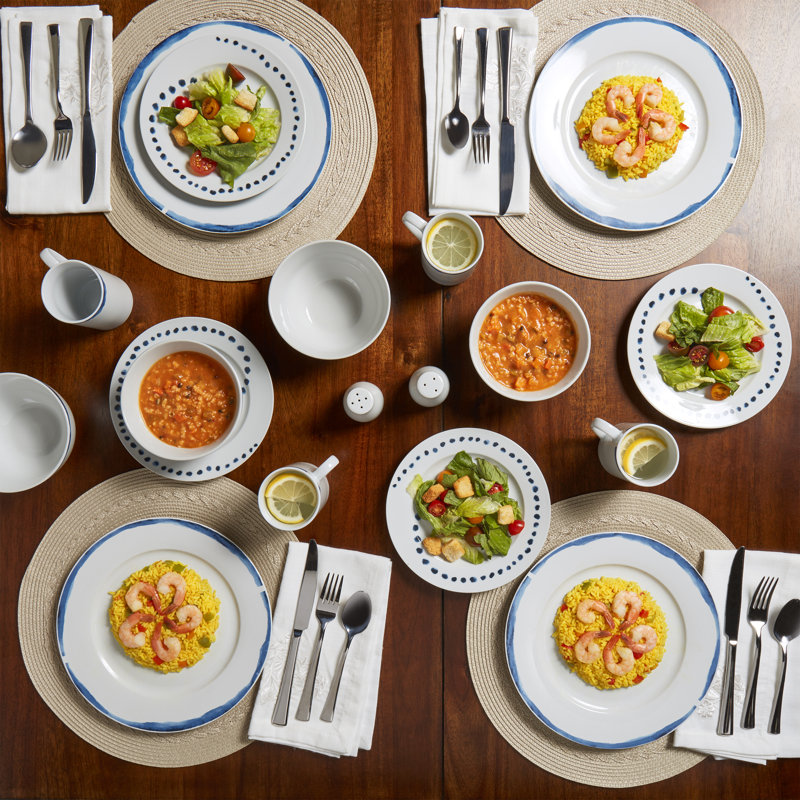 Isla White and Blue Porcelain 16-Piece Dinnerware Set