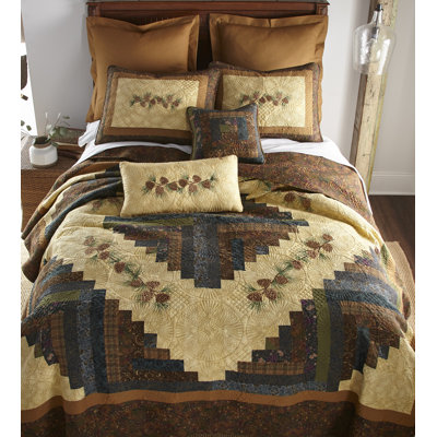 Donna Sharp Cabin Raising Pine Cone Embroidered Pieced Cotton Twin Lodge Quilt