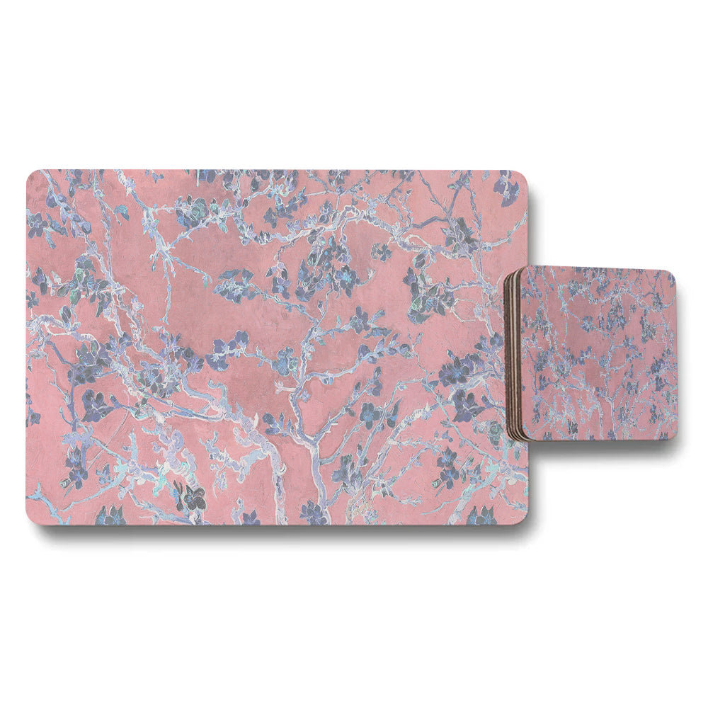 Pink Floral Branch Placemat and Coaster Set With Blue Accents
