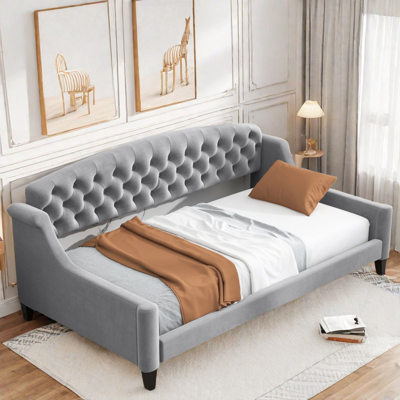 Modern Upholstered Daybed With Tufted Button Design, Gray