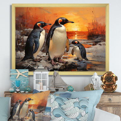 «Playful Sunset Snow Wonders Penguins», reproduction d'art mural pingouin