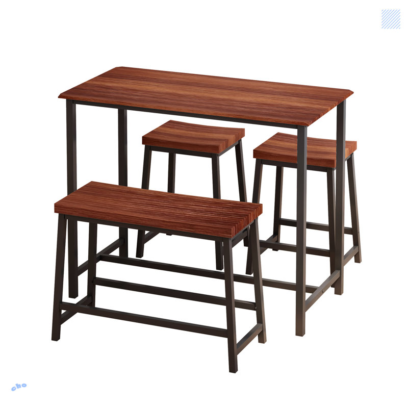 Ensemble de table de salle à manger 4 pièces avec structure en métal et 2 tabourets + 1 banc, Light Brown