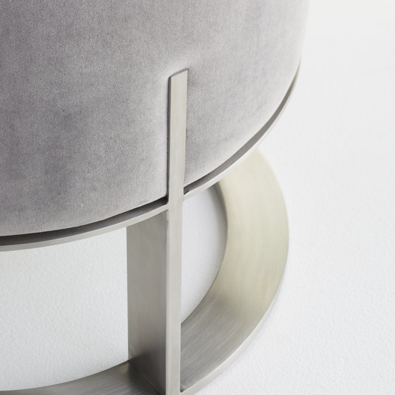 Contemporary Velvet-Cushioned Round Ottoman in Brushed Steel