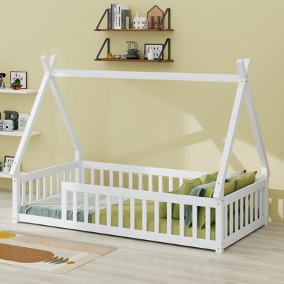 Tent-Shaped Floor Bed With Design, Guardrails And  Slats