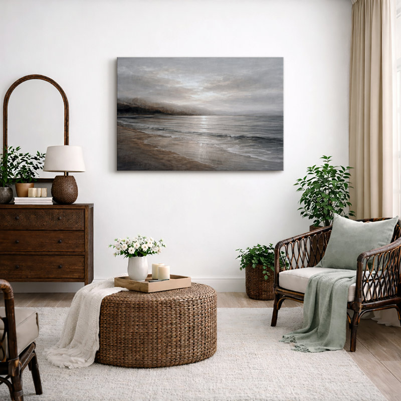Moody Coastal Beach, Calm Ocean Shore, photos de salon, impression sur toile encadrée, H 32 po x l 48 po x P 1,5 po