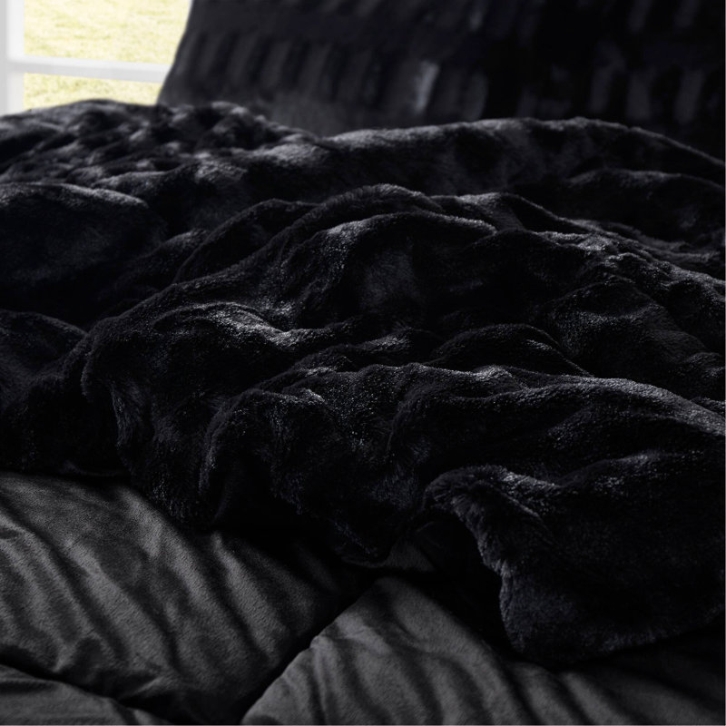 Ensemble de 3 mini-édredon en fausse fourrure de couleur unie très grand noir, Édredon très grand + 2 taies décoratives, Noir