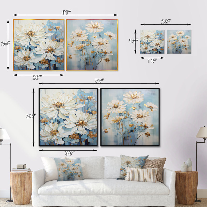 Nature of Blue Zinnias Symphony - Ensemble de 2 collages carrés Zinnias, Cadre flottant noir, H 36 po x l 73 po