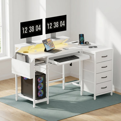 L-Shaped Desk with 4 Drawers, Keyboard Tray & LED Lights, Corner Computer Desk with Charging Station for Home Office and Gaming
