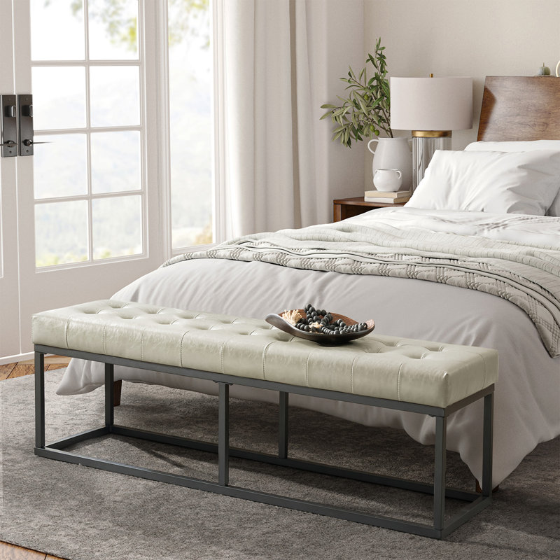 Anahli Jemaine 60.5'' W Mid-Century Modern Vegan Leather Bench with Metal Legs, Beige