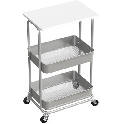Two-Tier Multifunctional Mobile Cart—Mobile Storage Rack with Wooden Top and Lockable Casters
