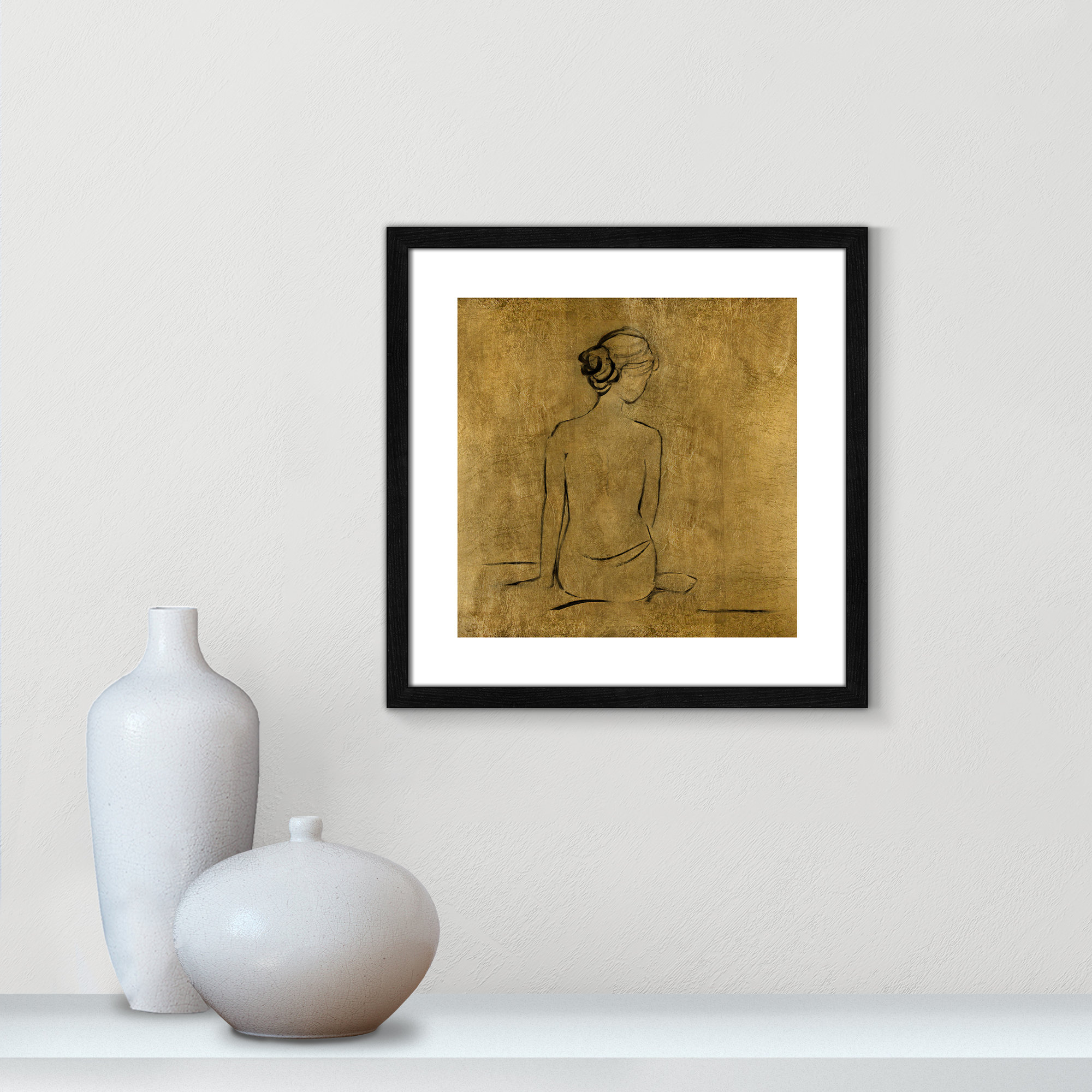 Golden Bather I by Sally Swatland - Painting Print, Black Wood Framed Paper, 18.25" H x 18.25" W x 0.75" D