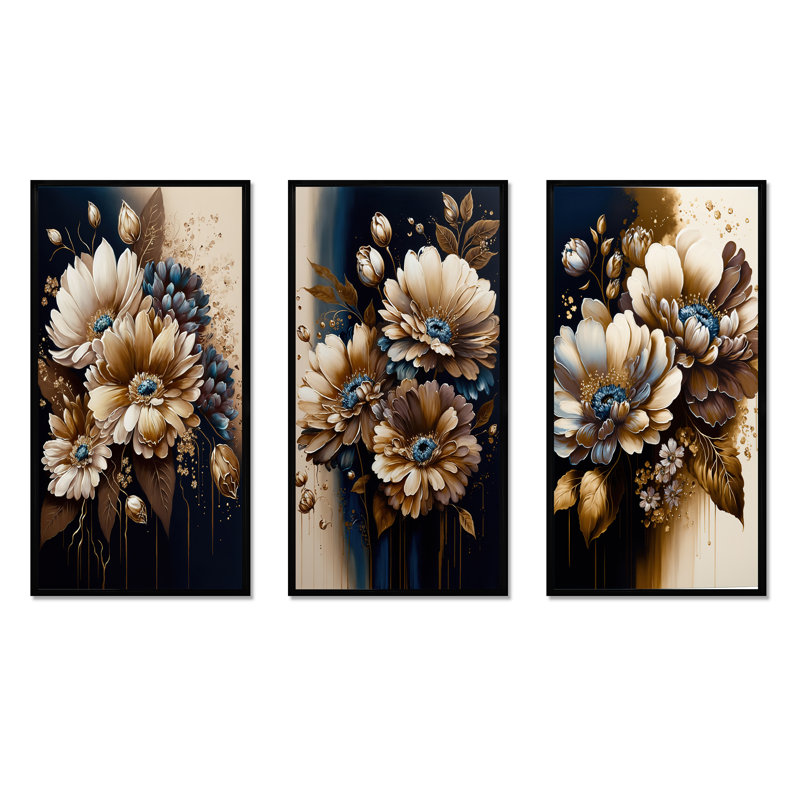 «Brown Daisy Bunch», 3 pièces sur toile, Noir, H 32 po x l 48 po