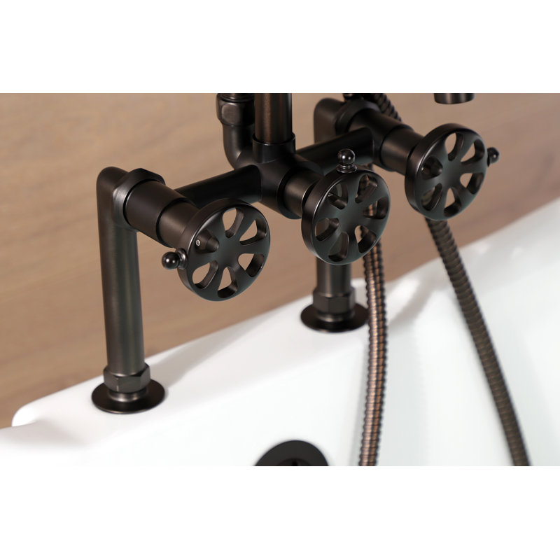 Kingston Brass Belknap Three-Handle 2-Hole Deck Mount Clawfoot Tub Faucet with Hand Shower, Dark Brown