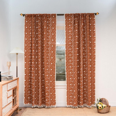 Ensemble de 2 rideaux occultants en lin à motif floral orange pour chambre à coucher Boho