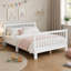 Lit double sur pied en bois Montessori avec garde-corps, lit de jour convertible 3-en-1 en lit plateforme pour enfants, cadre de lit multifonctionnel pour chambre de garçon, blanc-509366478-509366477