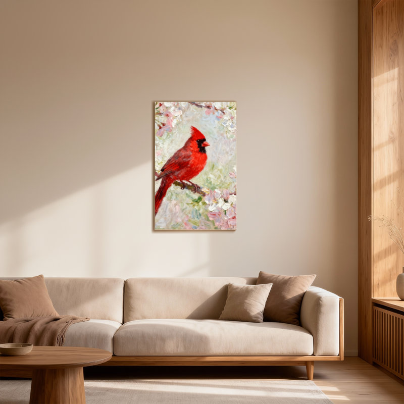 Animaux cardinaux perchés parmi les cerisiers en fleurs, H 24 po x l 16 po