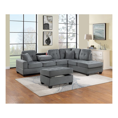 Ensemble de canapé modulaire réversible en microfibre gris foncé 3 pièces avec canapé et méridienne réversible