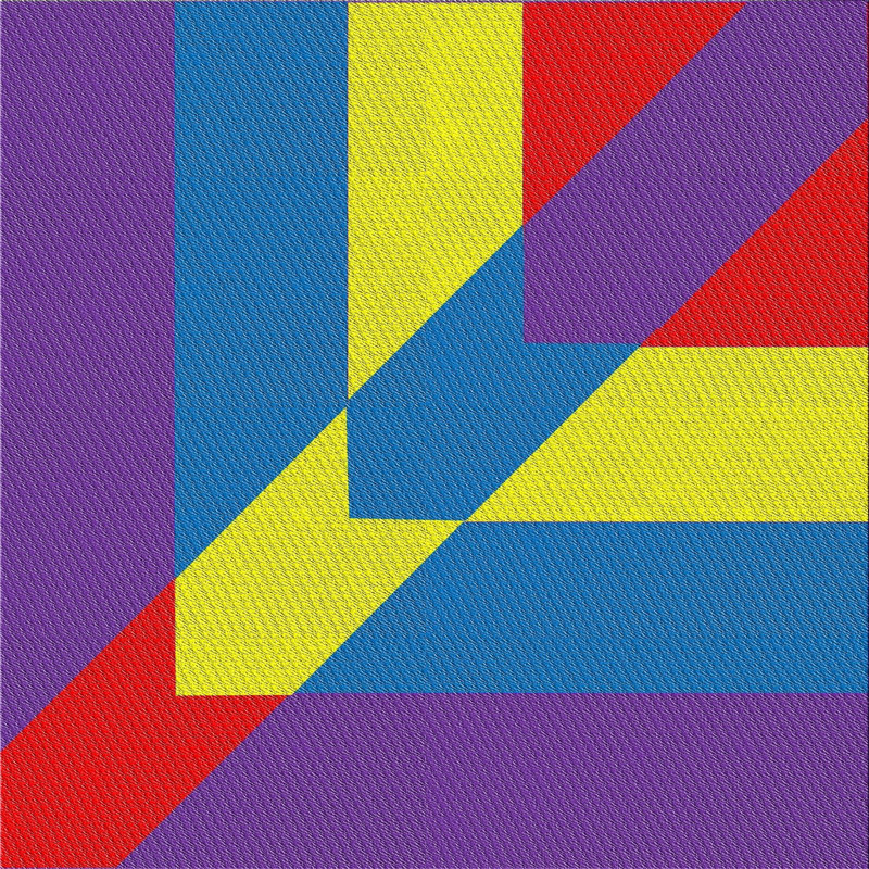 Tapis rouge/violet/jaune à motif, Carré 7 pi