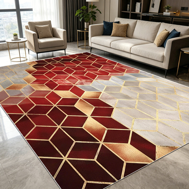 1PC Geometric Hexagon Burgundy Gold Marble Pattern area rugs for Living Room, Soft and Comfortable, Suitable for all seasons, easy-to-maintain, machine washable Indoor floor mat, Under Table Farmhouse suitable for dining room, bedroom, kitchen