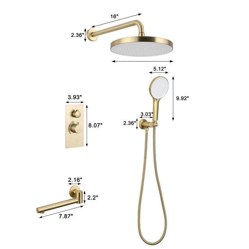 Ensemble de douche de luxe à 3 fonctions avec douche de tête à 10 jets et douchette de baignoire Luxury, Or brossé