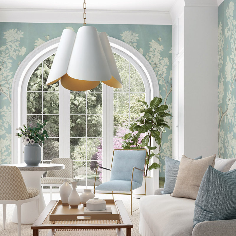 26.75" W x 18.75" H 4-Light Modern Botanical Pendant in Matte White with Painted Matte Brass Interior and Rectangular Designer Chain