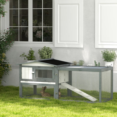 Cage à lapins d'extérieur 61 po L 2 po 61 po, en bois avec couloir, auge, plateau amovible, rampe, toit en asphalte pour 1 à 2 lapins