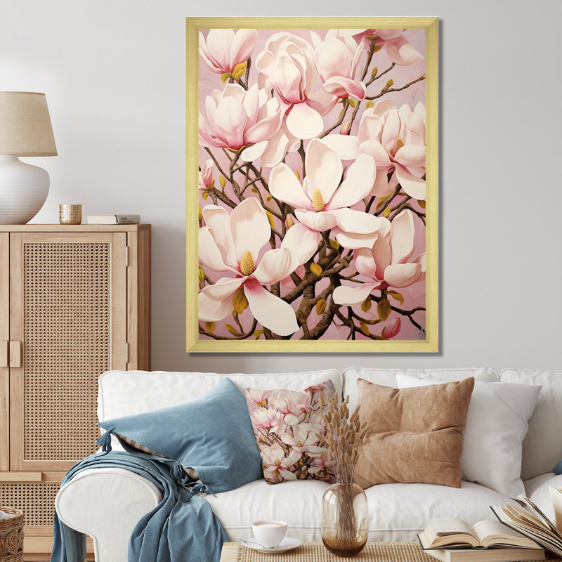 «Magnolias», impression sur toile, H 44 po x l 34 po x P 1,5 po, Encadrement doré