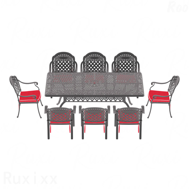 Ensemble de 9 meubles de patio en aluminium coulé avec cadre noir et coussins de siège rouges, 9 pièces : table, 8 chaises