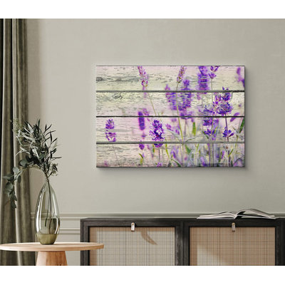 IDÉE 4 WALL - Reproduction d'art sur toile - Fleurs mauves de style rétro sur fond de bois rustique - 24 po x 36 po