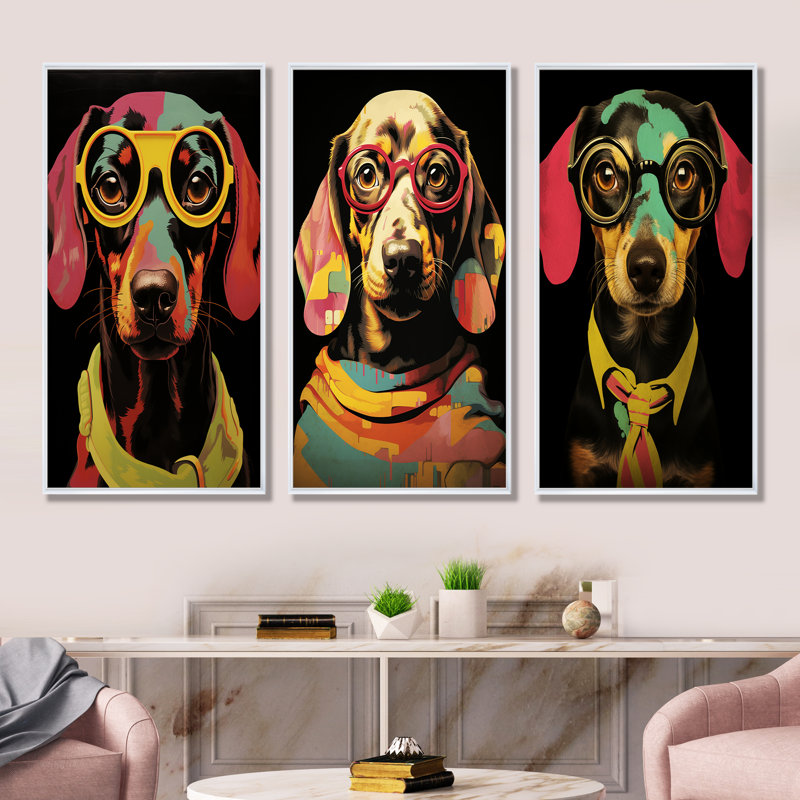 Curious Popart Daschund Dog I - Ensemble de 3 décorations murales chien Daschund, Cadre flottant blanc, H 32 po x l 48 po
