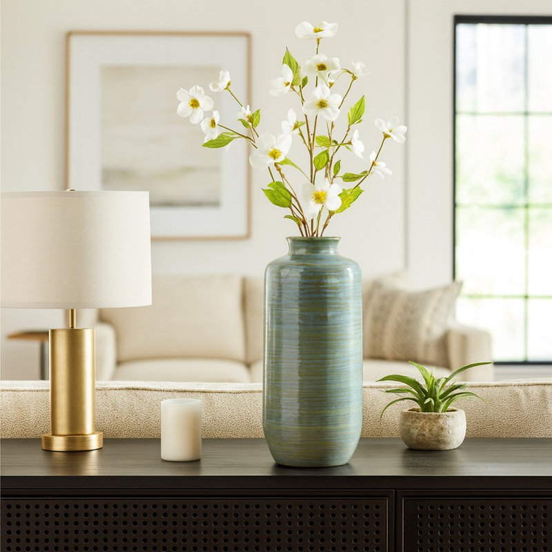 Contemporary Round Pottery Flower Vase Accent for Table Decor - Minimalist Tall Vase Accent for Living Room, Shelf, and Office - Green