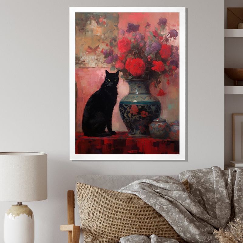 Peinture d'un chat noir avec vase rouge, H 20 po x l 12 po x P 1 po, Cadre simple blanc