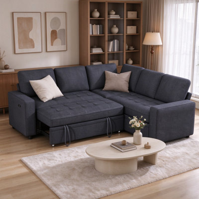 Dyonery 85" 5-Seat Modular Chenille L-Shaped Sleeper Sofa, Pull Out Bed, Adjustable Backrest, USB & Storage