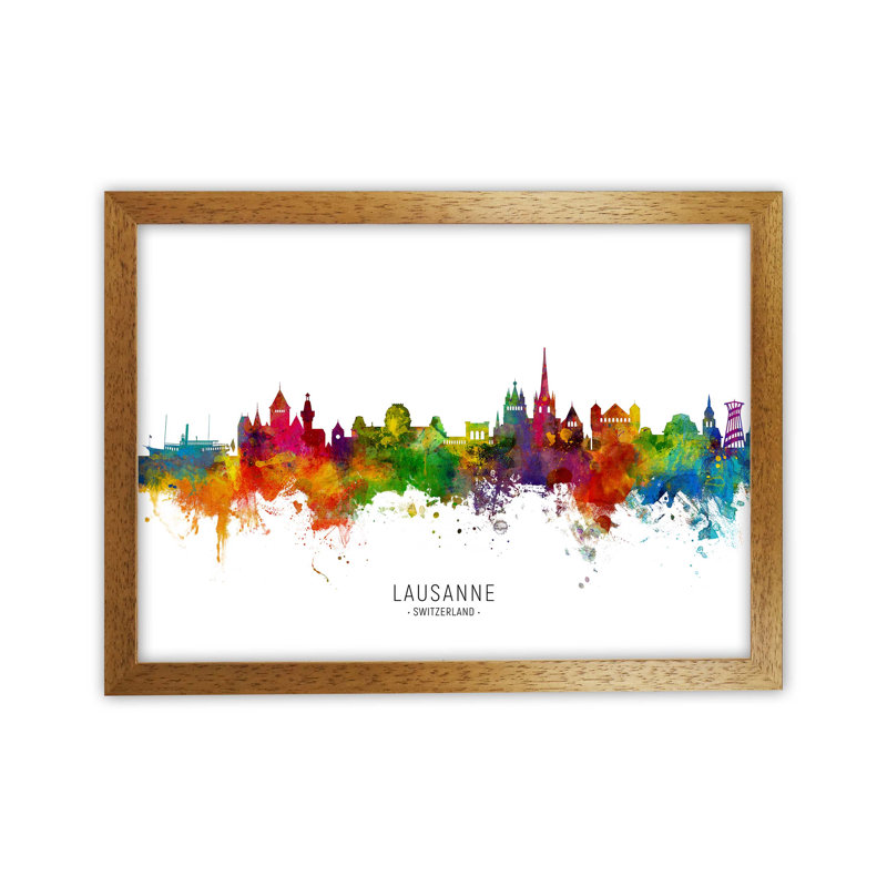 Lausanne Switzerland Skyline by Michael Tompsett - Print, Brown Framed, 46cm H x 63cm W x 3cm D