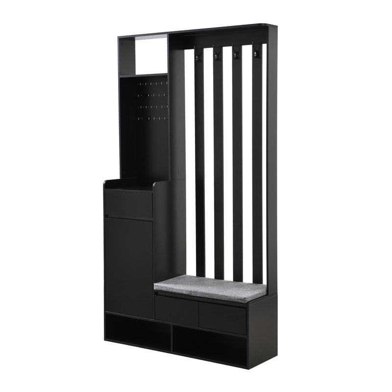 Contemporary Hall Tree Storage With Cushioned Storage Bench, Multifunctional Hallway Shoe Cabinet With Pegboard, Modern Coat Rack With 4 Hooks For Entryway, Mudroom