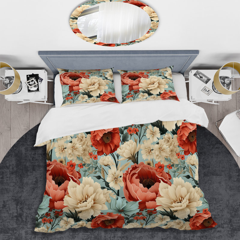 Ensemble de housse de couette Coral Boho Floral Harmony, Housse de couette pour très grand lit et 2 très