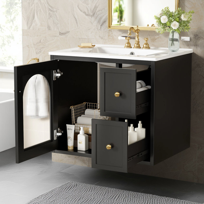 24" Wall-Mounted Bathroom Vanity with Ceramic Sink, 2 Drawers, Soft-Close Door, Black