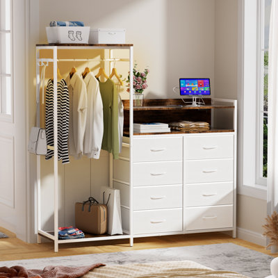 8 Drawers Dresser for Bedroom with Hanging Rack Storage Cabinet with Led Lights & Charging Station(Gray)