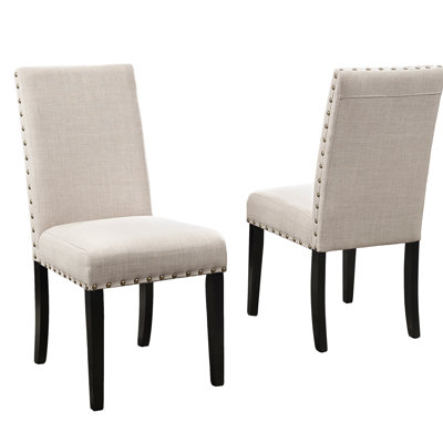 Of 2 Tan Nailhead Trim Dining Chairs. Hardwood Frame. Linen & Cotton Upholstery. 18.14" X 24.87" 38"H 2 Tan Frame, Upholstery, Dark Color.