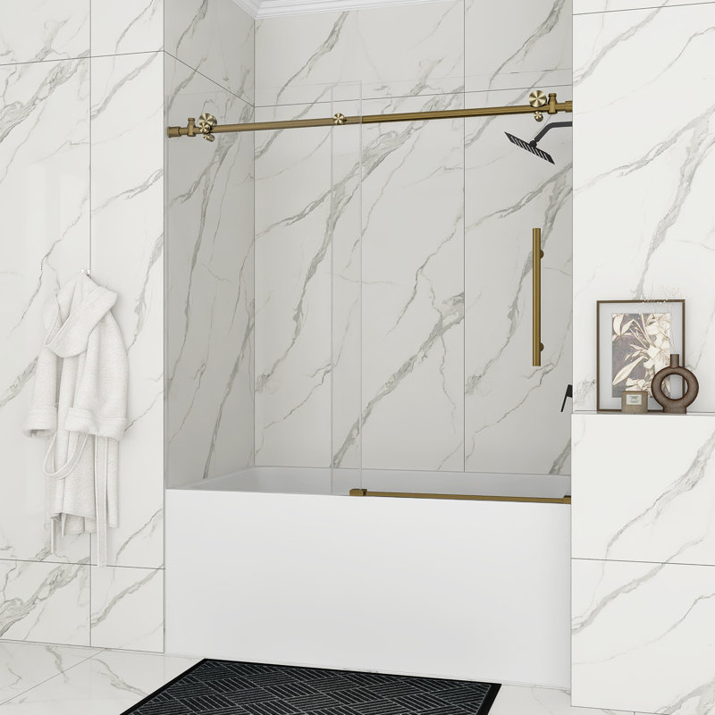 60-Inch Gold Frameless Sliding Shower Door with Clear Glass