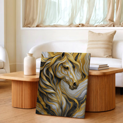 Abstract Horse Gold White Modern Animal Painting Canvas Wall Art Print, Abstract Modern Animal Themed Equestrian Farmhouse Gold Accent Home Decor For Living Room Bedroom Office