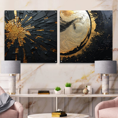 «Black and Gold Abstract Meditation II», ensemble de 2 peintures murales abstraites en acrylique