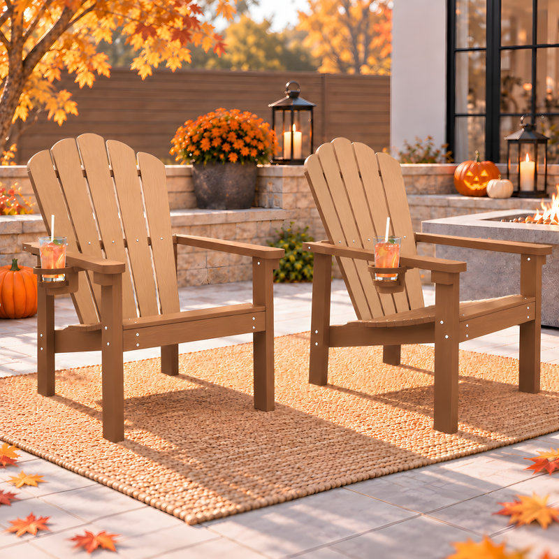 Ensemble de 2 chaises Adirondack empilables en PEHD avec porte-gobelets, chaises d'extérieur toutes saisons Dareona, 2, Teck