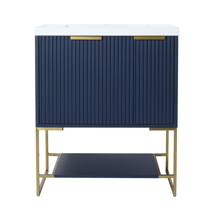 Meuble de salle de bain autoportant 30 po - Lavabo en résine et meuble de rangement stable bleu marine
