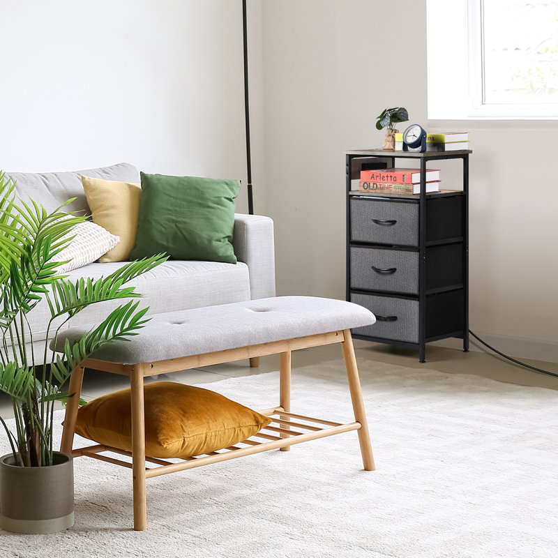 Table de chevet 3 tiroirs avec station de charge, plateau en bois gris et tiroirs en tissu, table de bout pour la chambre à coucher et le salon