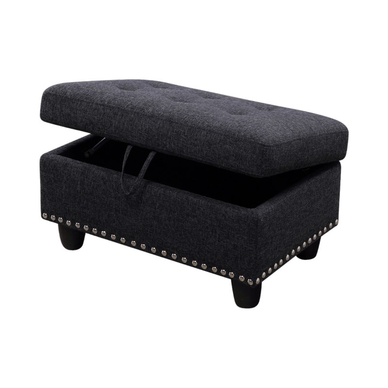  Repose-pieds de rangement rectangulaire à garniture cloutée de 28,5 po de largeur Ulanda, Mélange de lin noir