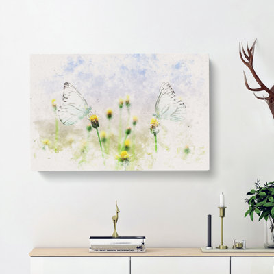 Two Butterflies upon Yellow Flowers - Wrapped Canvas