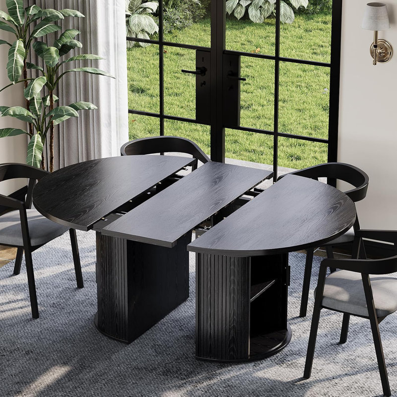 Table de salle à manger extensible ronde 47-63 po, table de cuisine ovale de ferme avec tablette de rangement et tiroir, noir